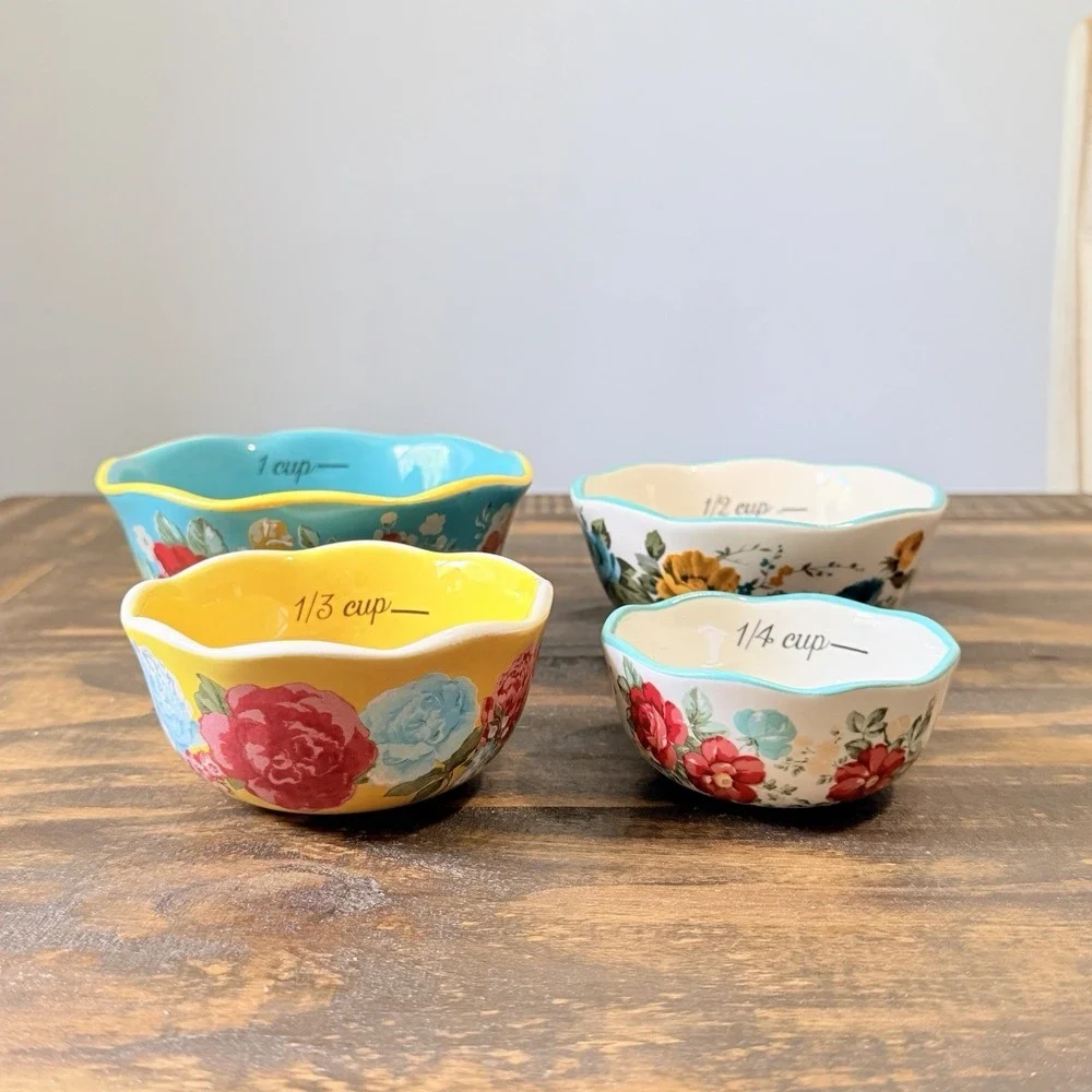 Pioneer Woman Vintage Floral Measuring Cups Set 4 Ceramic Nesting Discontinued